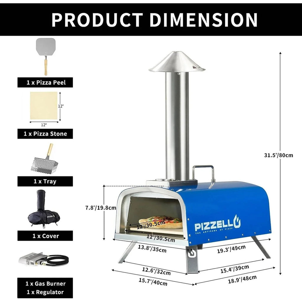 Forno per pizza da esterno multifuel per pizza con bruciatore a gas e contenitore per legna - 12 pollici