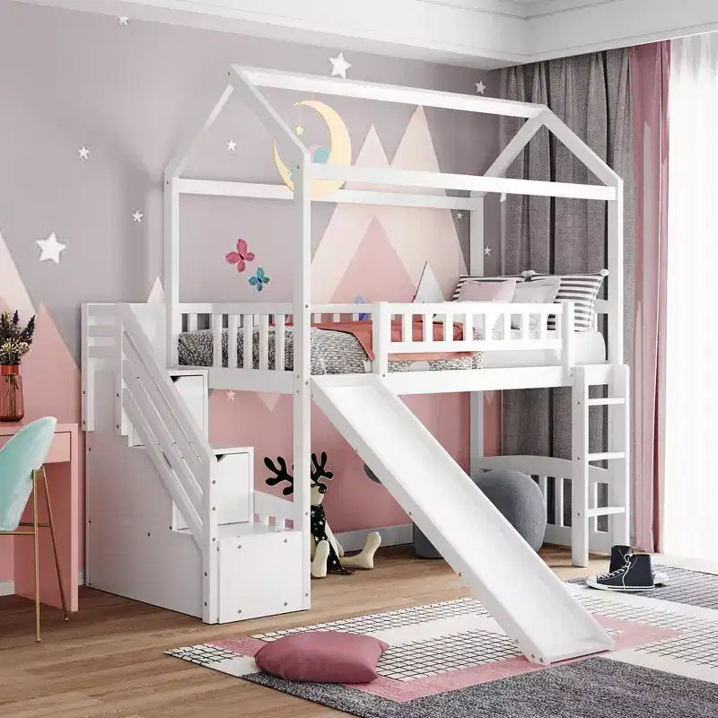 Letto a soppalco a castello con scivolo e scale, letto a soppalco con cassetti contenitori, letto a soppalco in legno a capanna per bambini e neonati