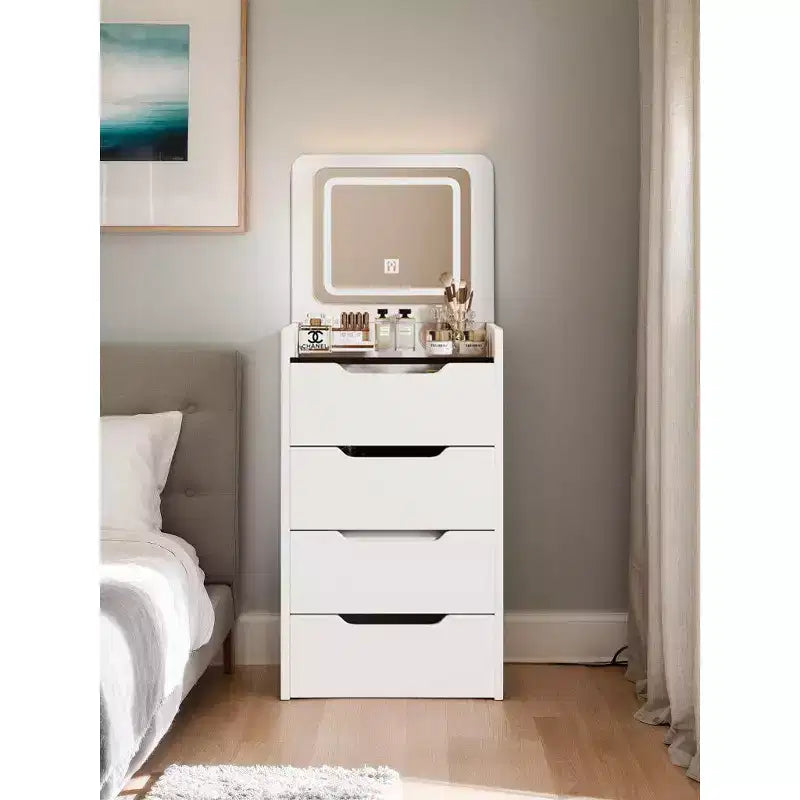 Okak Tavolo da toeletta 3 in 1 con specchio a scomparsa, toeletta compatta con piano in vetro a vista e sgabello imbottito, scrivania da toeletta per camera da letto
