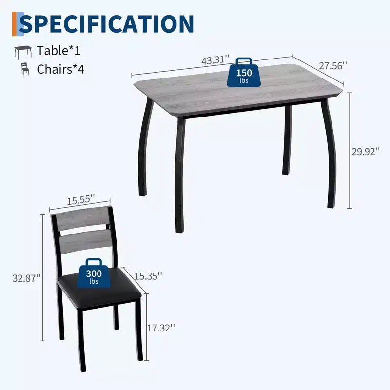 Tavolo e sedie da cucina con struttura in metallo, set da 5 pezzi, con design smussato