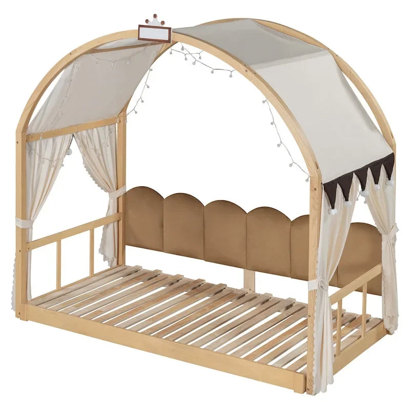 Letto a piattaforma in legno massiccio a forma di casetta, letto Montessori a terra con tetto ad arco e letto estraibile per bambine e bambini