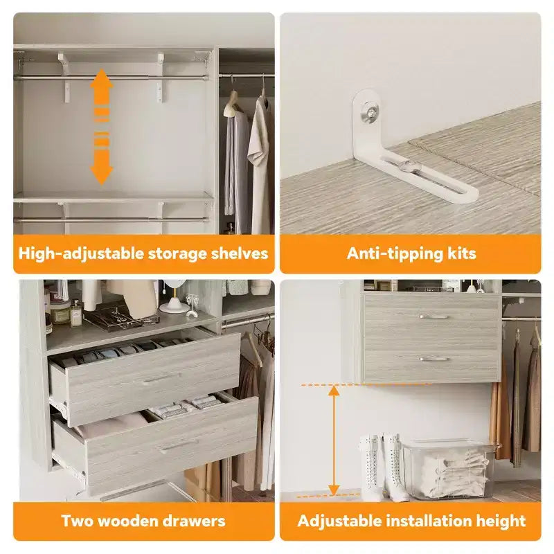 Sistema armadio autoportante con 8 aste appendiabiti e cassetti, Organizer armadio pensile con 10 ripiani