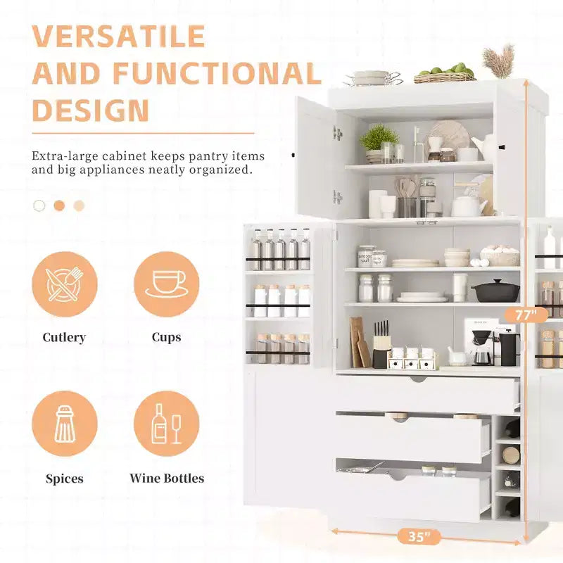 Dispensa da cucina indipendente 77H, armadio contenitore in stile rustico con ripiani regolabili, ripiani sulla porta, cassetti e portabottiglie - ModernLuxe