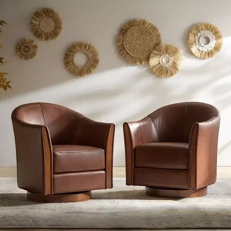 Poltrona a botte girevole Pocono in vera pelle con base in legno massello - Set da 2Artful Living Design