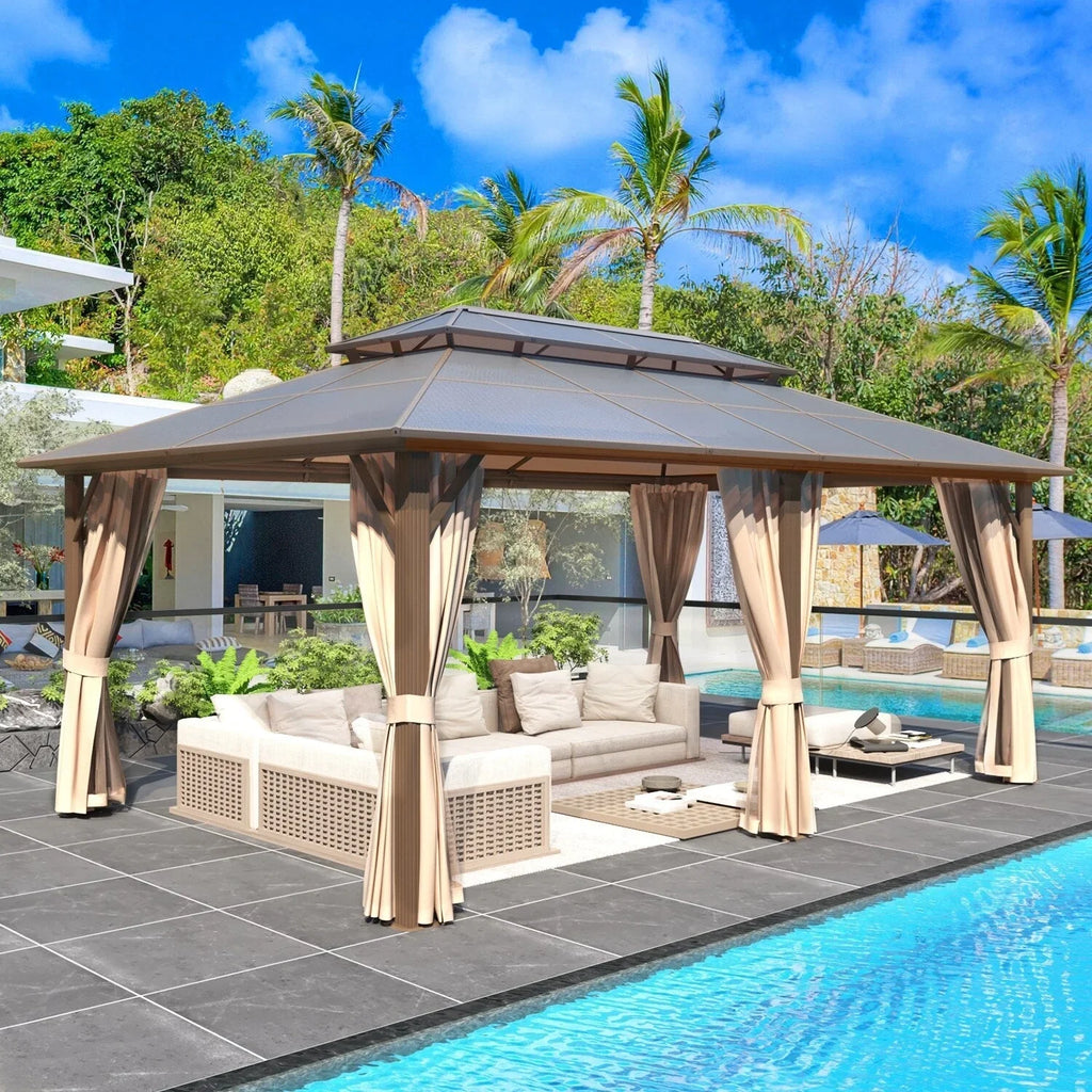 EROMMY Gazebo a tetto rigido, Pergola da esterno con doppio tetto, zanzariere e tende, Tenda da sole resistente per patio, cortile, feste in piscina