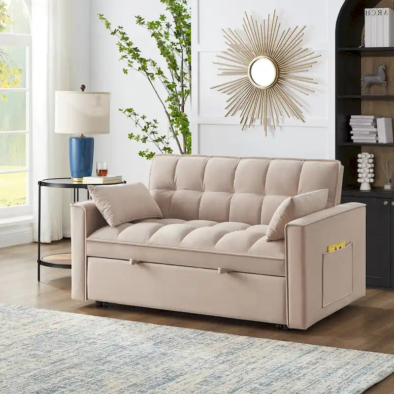 Divano letto a due posti 4 in 1 con braccioli e tasche portaoggetti, divano letto estraibile multifunzionale trapuntato con schienale regolabile