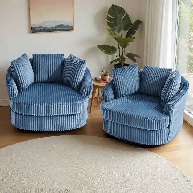 Set di 2 Poltrone Girevoli a Barilotto Oversize da 43" in Velluto a Coste Felpato con Cuscini