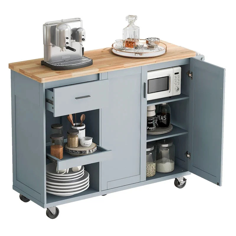 Isola da cucina con piano pieghevole, carrello da cucina con ripiano estraibile, portasciugamani e cassetto, ruote girevoli