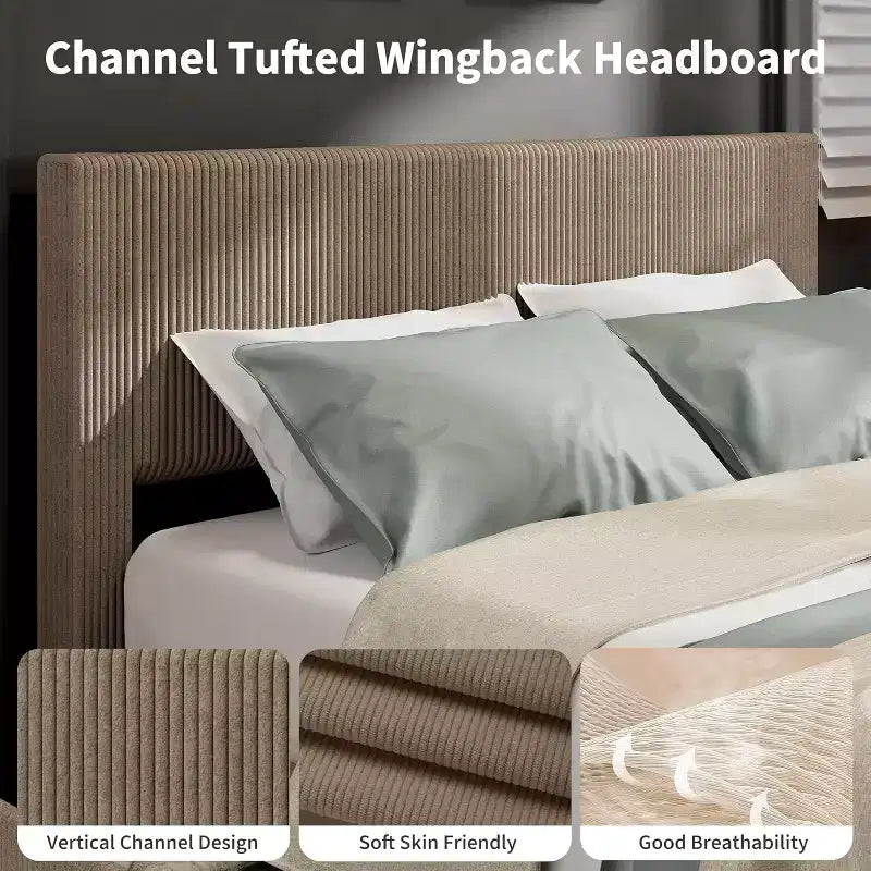 CuisinSmart - Struttura letto in velluto a coste con testiera, struttura letto imbottita con piattaforma con 4 cassetti portaoggetti e supporto a doghe in legno