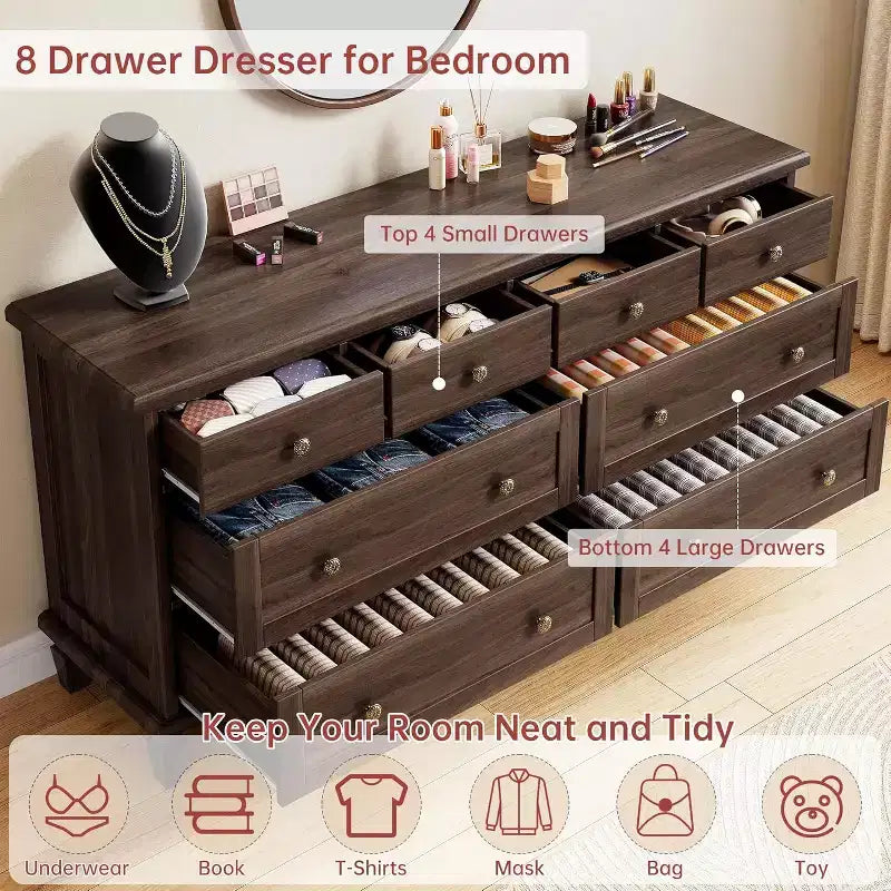 Comò a 8 cassetti per camera da letto, mobile TV vintage da 150 cm con maniglie intagliate e gambe affusolate, cassettiera in legno con grande capacità di archiviazione