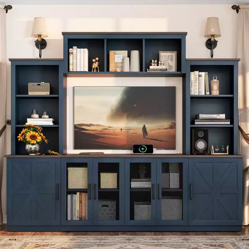 Meuble TV Moderne pour Téléviseur de 55 Pouces avec Station de Chargement, Console Multimédia avec Grands Placards de Rangement, Meuble TV pour Salon-Panipeachy