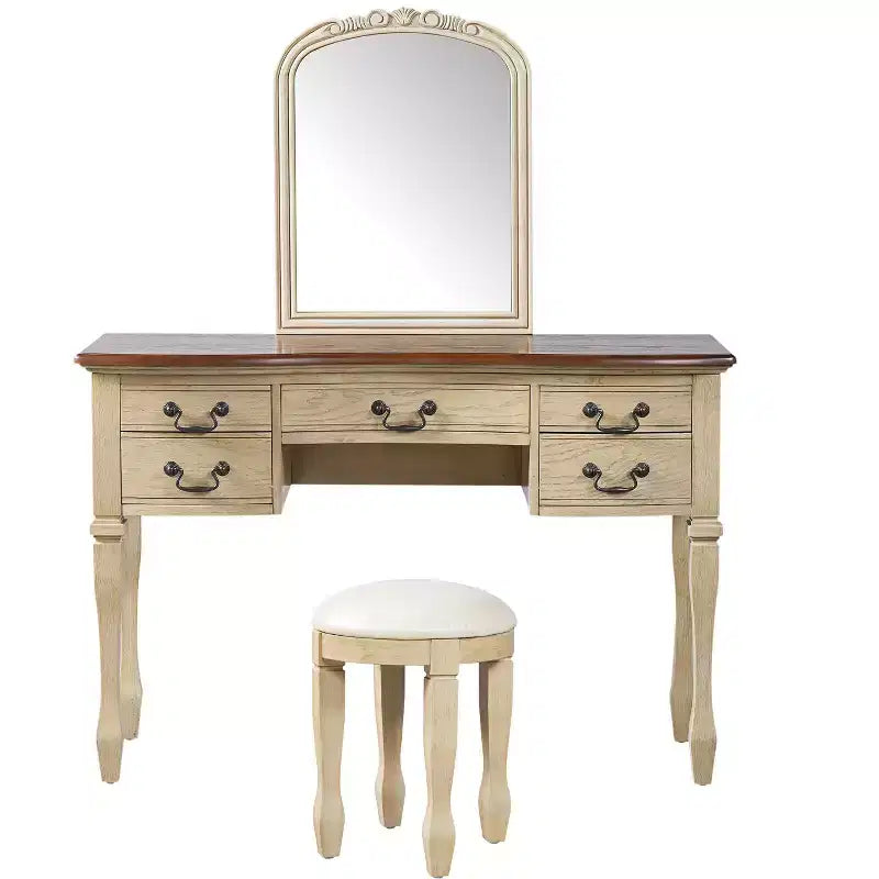Set toeletta vintage, Toeletta da trucco vintage, Tavolo da trucco da 46 pollici con specchio floreale curvo, 5 cassetti contenitori