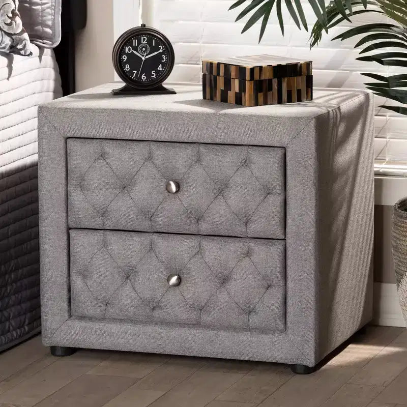 2-Drawer Upholstered Wood Nightstand - Gray with Diamond Tufting