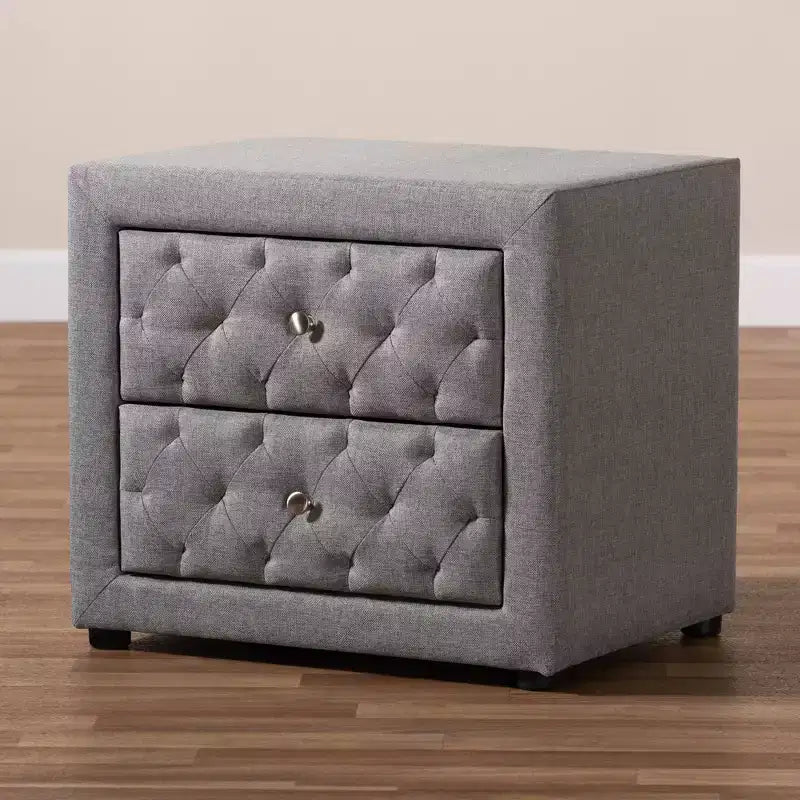 2-Drawer Upholstered Wood Nightstand - Gray with Diamond Tufting