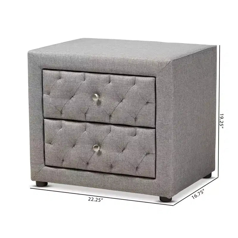 2-Drawer Upholstered Wood Nightstand - Gray with Diamond Tufting