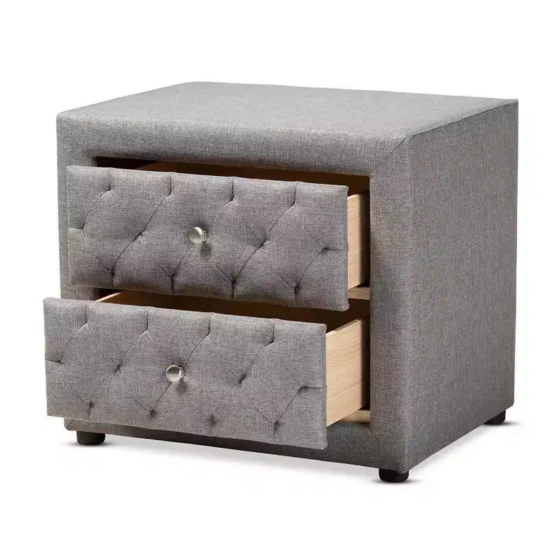 2-Drawer Upholstered Wood Nightstand - Gray with Diamond Tufting