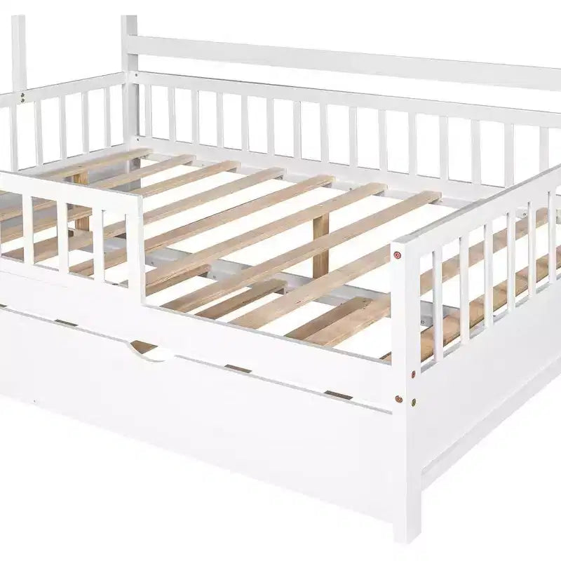 Acekool Letto a capanna a grandezza naturale con letto estraibile singolo, cassetti e ripiani portaoggetti, tetto e recinzione, letto a piattaforma per bambini, bianco