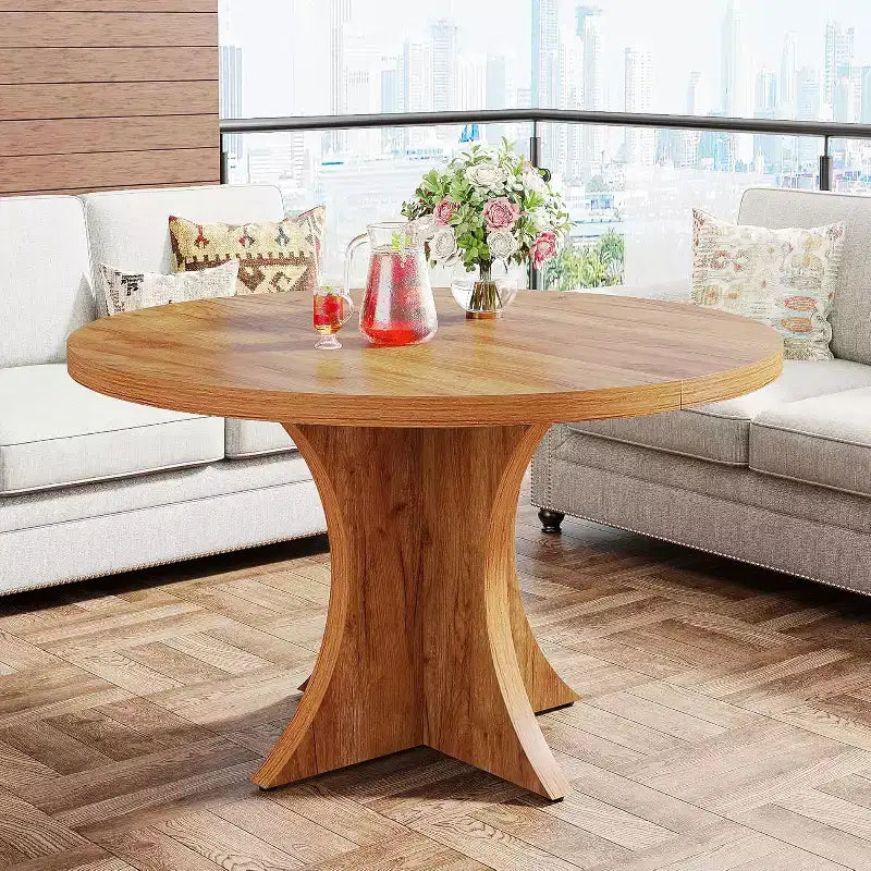 Lantine Tavolo da Pranzo Rotondo da 120 cm per 4-6 persone, Tavolo da Cucina Stile Rustico con Base a Piedistallo, Tavolino da Pranzo per Sala da Pranzo, Soggiorno, Marrone