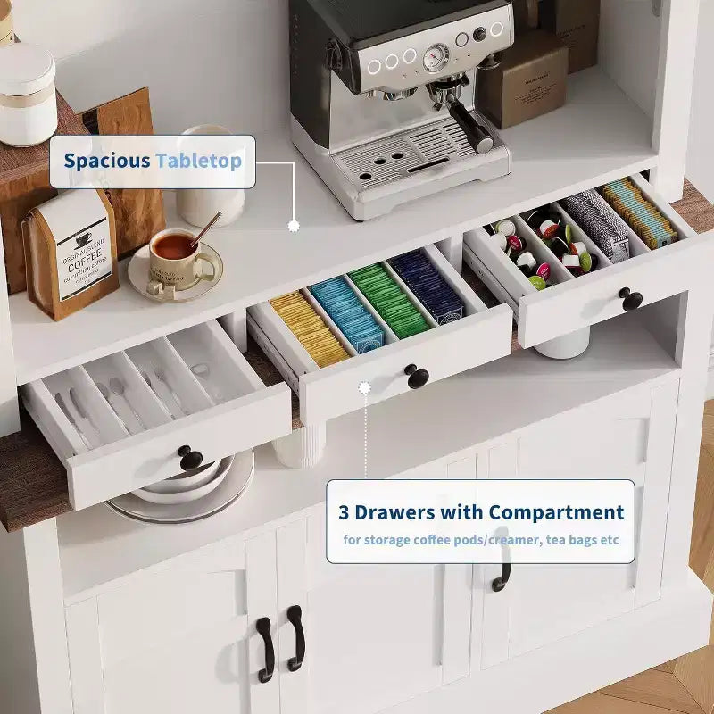 Mobile bar da caffè in stile rustico alto 72 pollici con luci LED, credenza da cucina con ante e cassetti, ripiani regolabili, ampio spazio di archiviazione