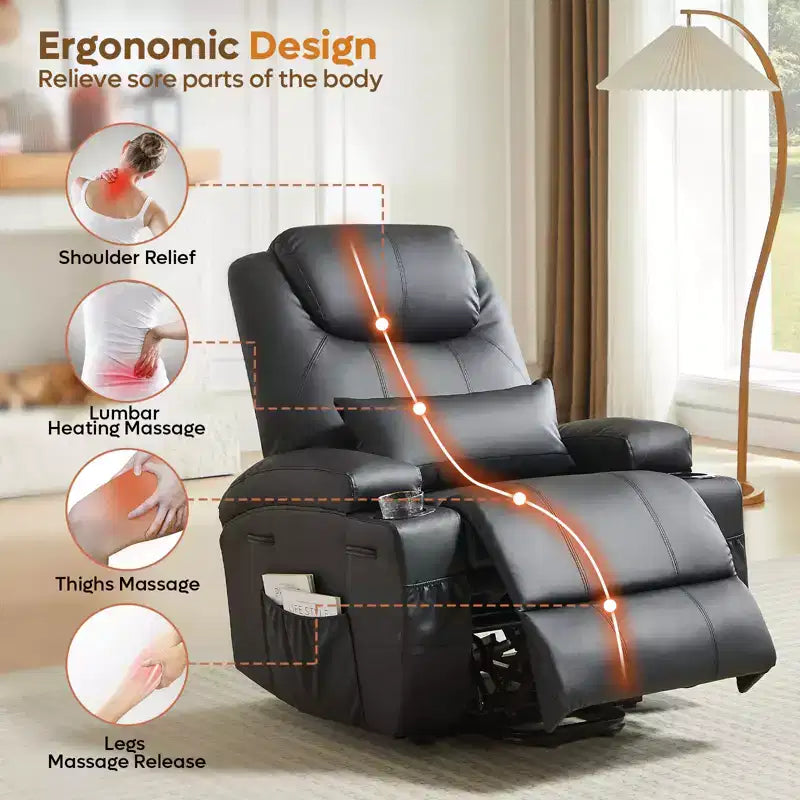 Bestier Poltrona Reclinabile Elettrica con Funzione Power Lift Assistita, Massaggio e Riscaldamento, in Ecopelle, con Tasche Laterali e Portabicchieri, 88 cm