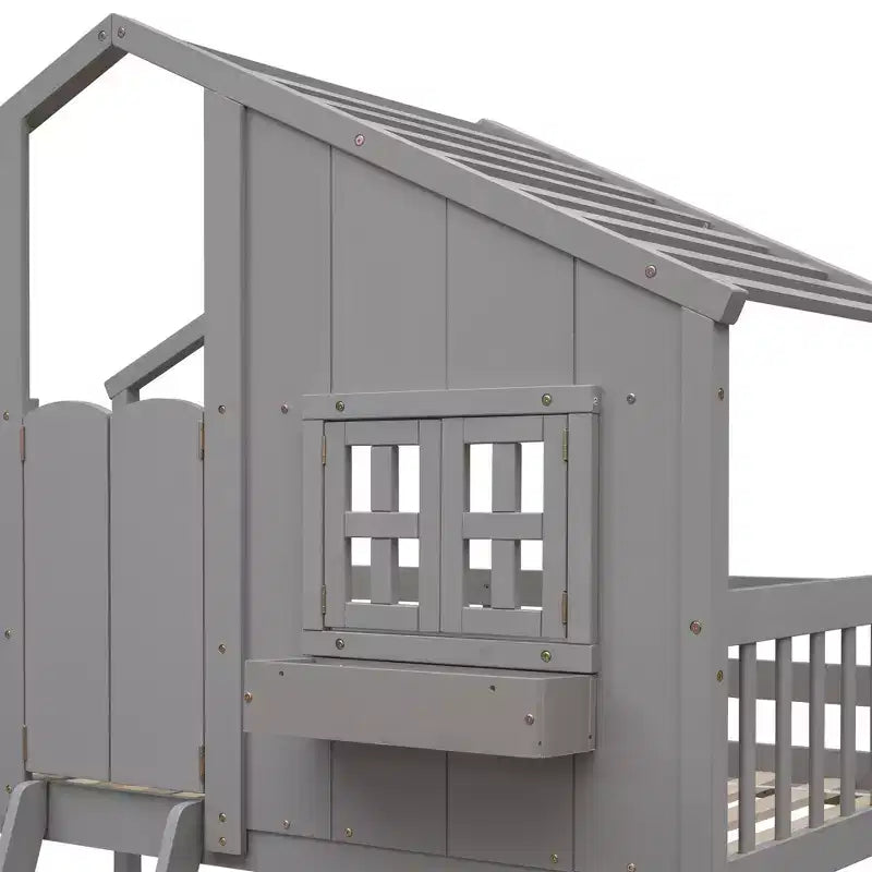 Letto a soppalco a forma di casetta con scaletta e spondine per bambini, in legno, misura singola