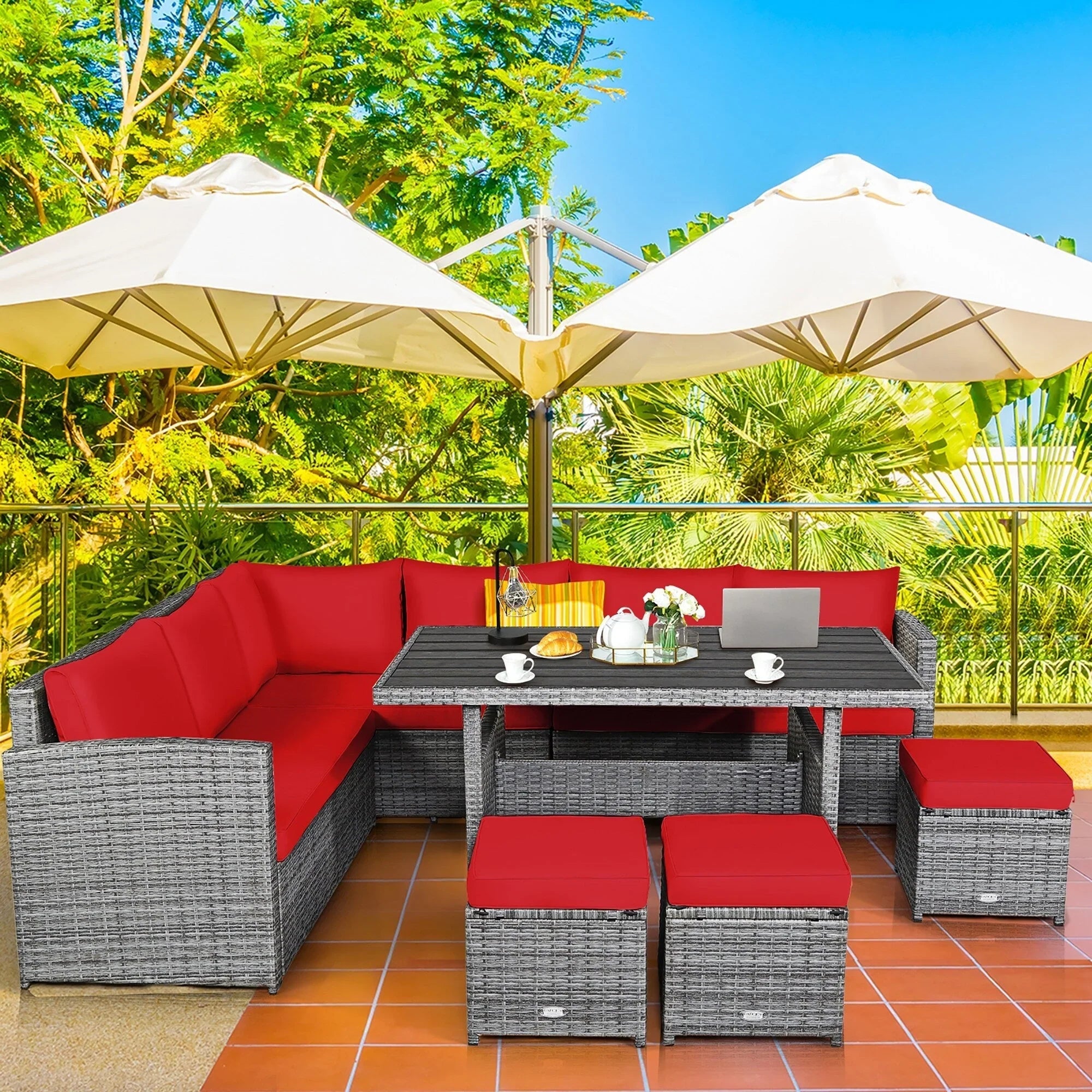 Costway Set da pranzo da 7 pezzi in rattan per esterni Divano componibile ottomano - Vedi dettagli
