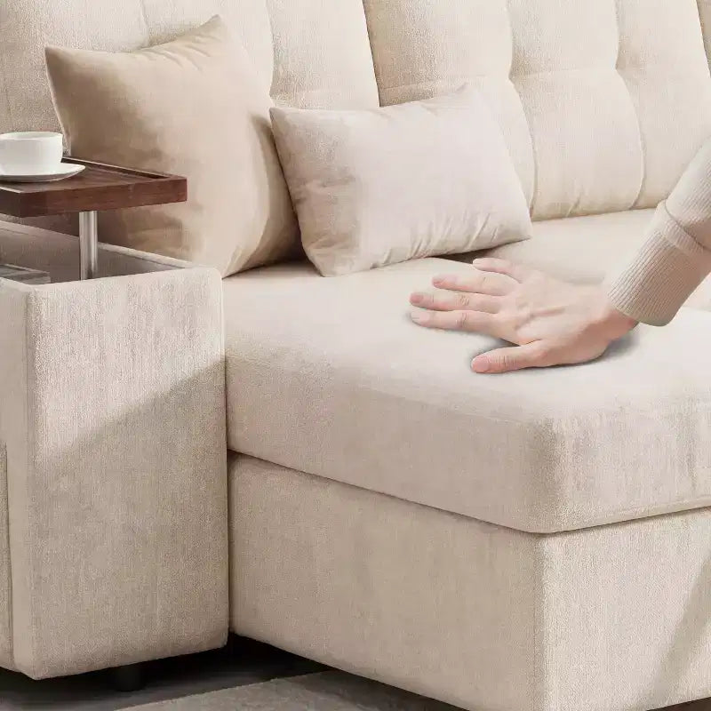Divano letto componibile modulare Dyonery 112 con letto estraibile, divano componibile a U con contenitore, divani con seduta extra ampia e profonda per soggiorno