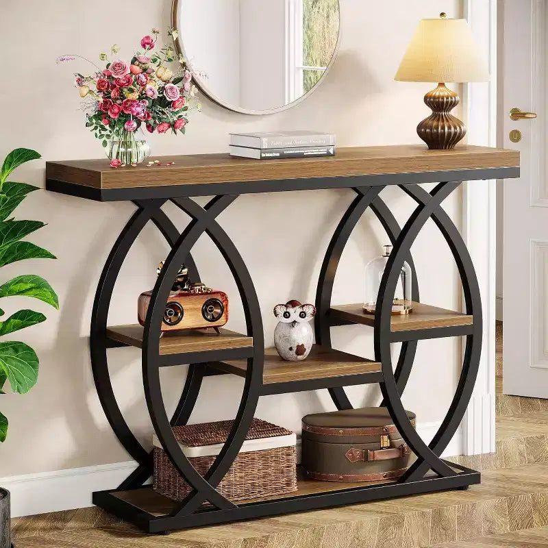 Tavolo Consolle Lantine 39.4, Tavolo da Divano Industriale a 4 Ripiani Tavolo d'Ingresso con Ripiani Portaoggetti e Struttura in Metallo per Piccoli Spazi, Corridoio, Ingresso, Marrone