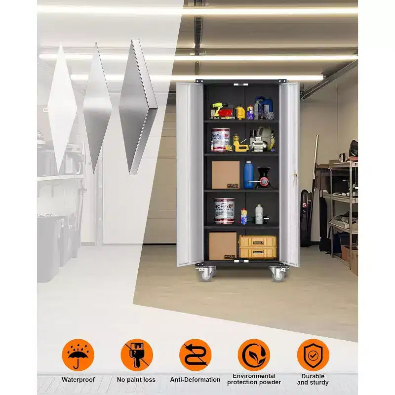 Armadietto portaoggetti da garage con ruote e pannello forato, armadio metallico con serratura alto 183 cm con 2 ante e 4 ripiani regolabili per officina o garage
