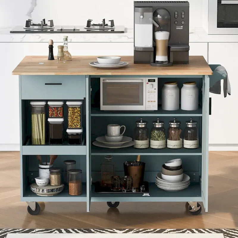Isola da cucina con piano pieghevole, carrello da cucina con ripiano estraibile, portasciugamani e cassetto, ruote girevoli