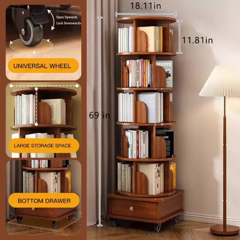 Chic Crate Libreria ad angolo girevole a 360° a 6 livelli con ruote, libreria stretta per piccoli spazi, marrone noce