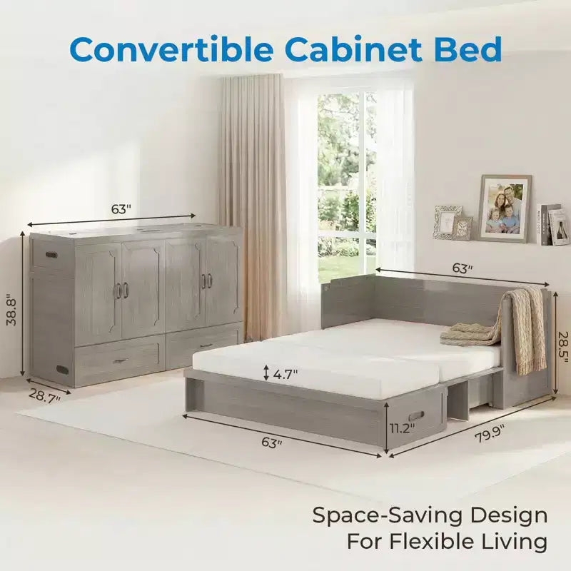 Mjkone Letto a Scomparsa Convertibile Matrimoniale Queen Size con Ricarica USB, Cassetti Contenitori, Materasso Escluso