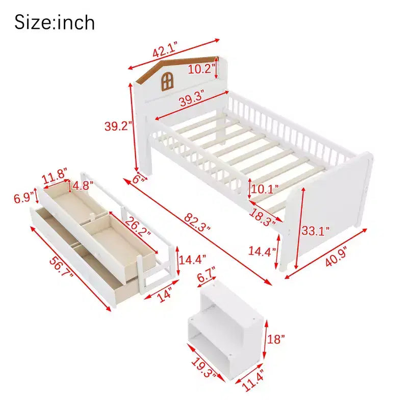 Letto a soppalco basso Whisen con luci a LED, testiera a forma di casetta e cassetti portaoggetti, struttura solida