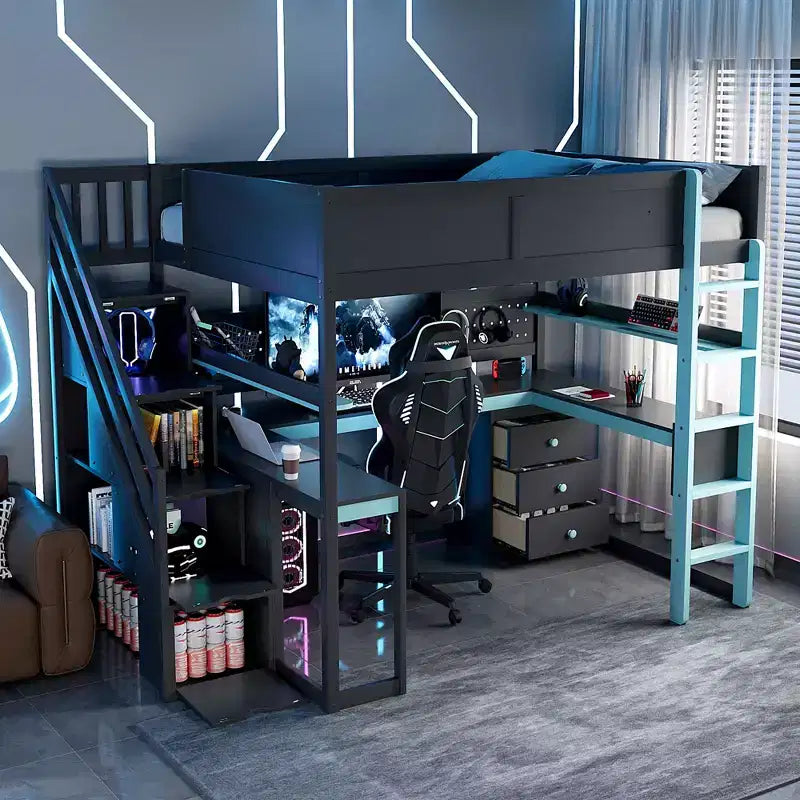 GDFStudio Scott Letto a Soppalco in Legno per Gaming con Scala Contenitore, Scrivania, Mensole e Pannello Forato