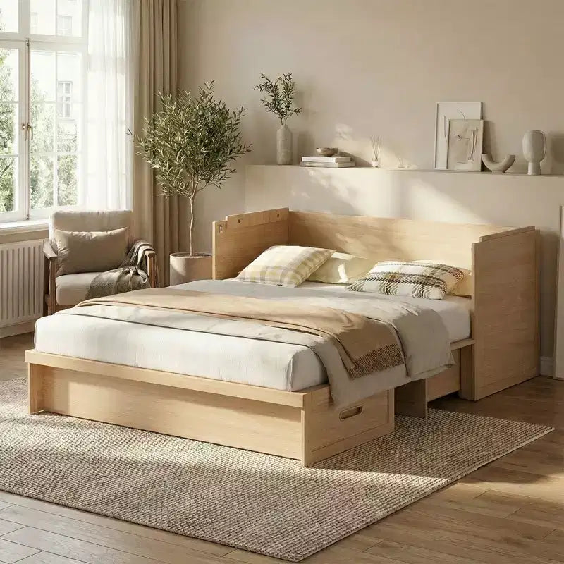 Letto a scomparsa matrimoniale Mjkone con materasso, ricarica USB, cassetti portaoggetti