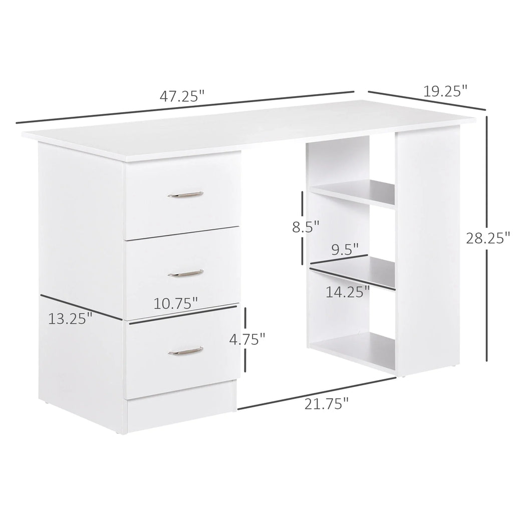 HOMCOM 47" Scrivania per Computer da Ufficio Moderna con Libreria, Tavolo da Scrittura Workstation con 3 Cassetti e Ripiano - Bianco