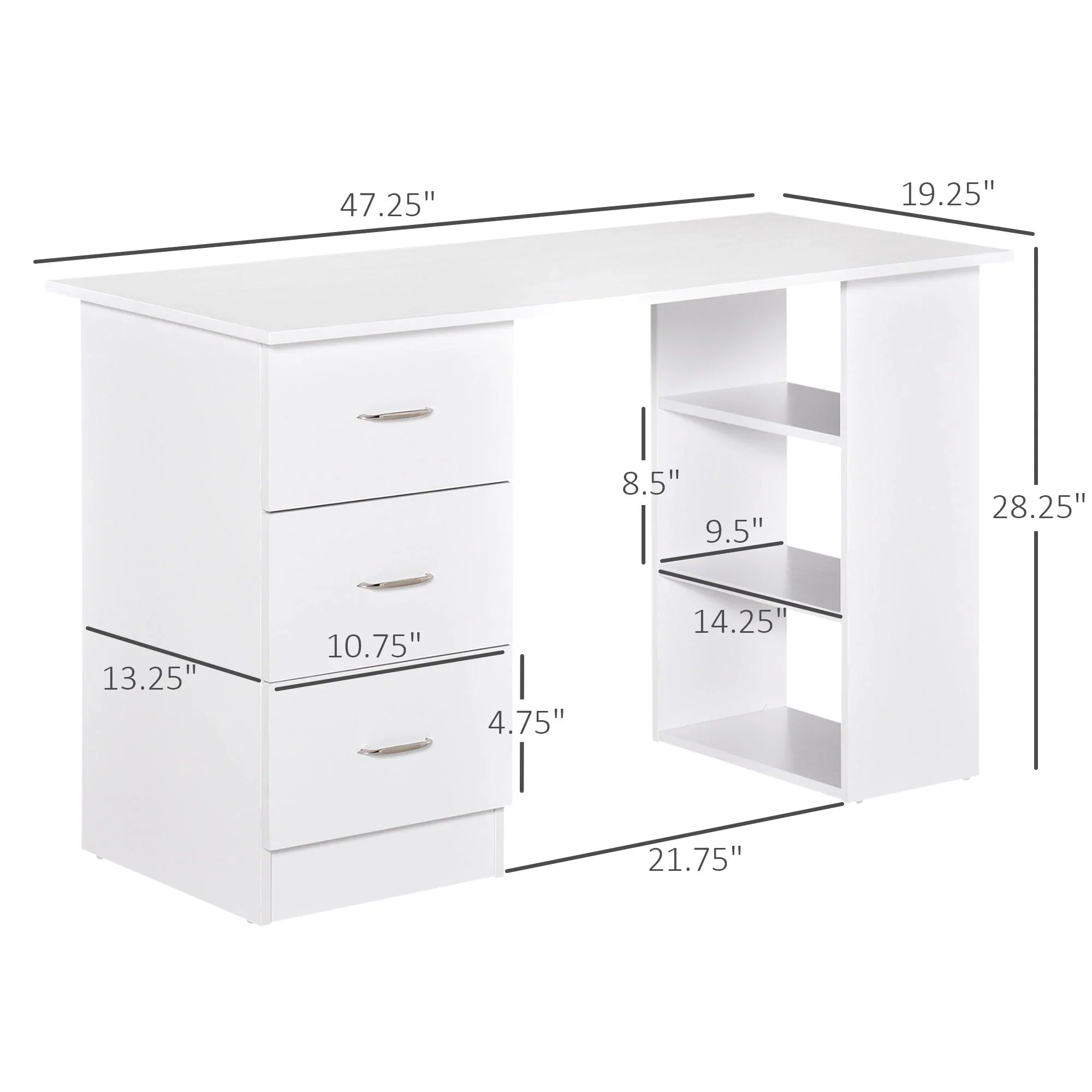 HOMCOM 47" Scrivania per Computer da Ufficio Moderna con Libreria, Tavolo da Scrittura Workstation con 3 Cassetti e Ripiano - Bianco