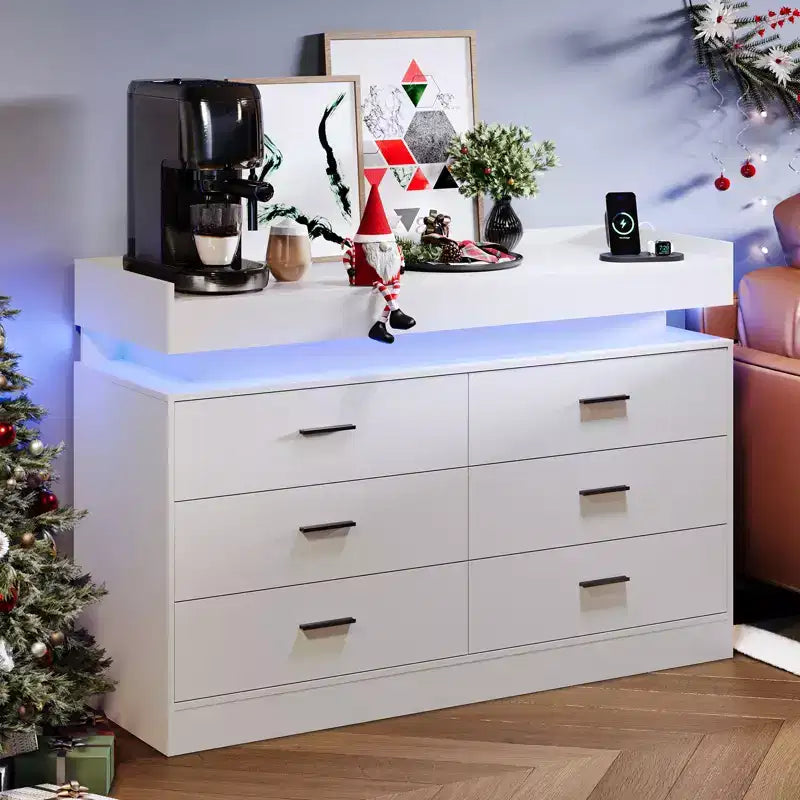 Mobile TV moderno con 6 cassetti e luci LED, bancone galleggiante per caffè/bar, per soggiorno, centro di intrattenimento
