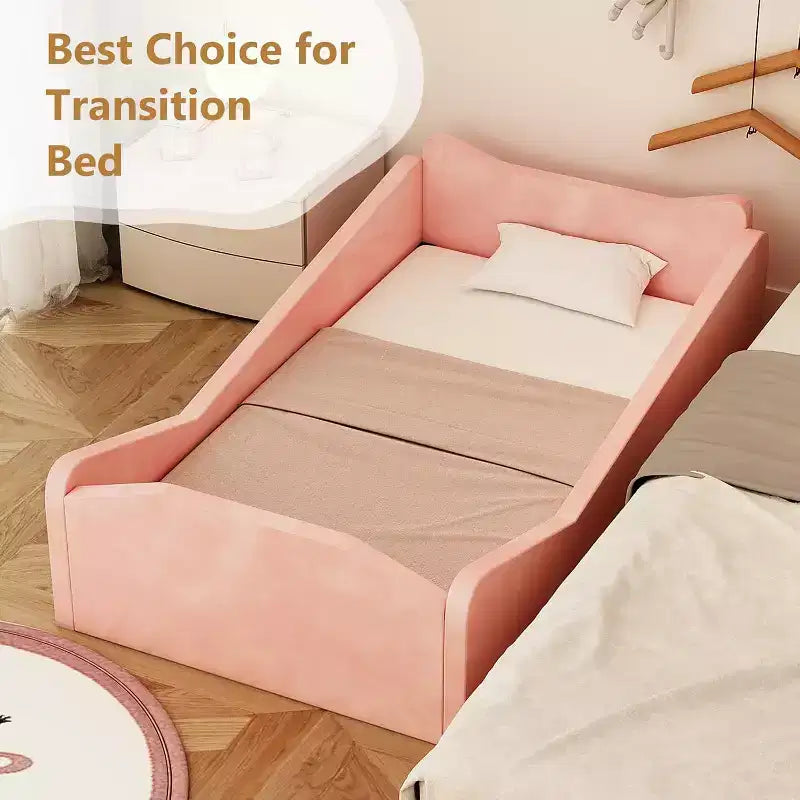 Lettino per bambini JOYMOR, Letto a pavimento con sponda di sicurezza, Lettino Montessori per bambini con orecchie di animali, Rosa