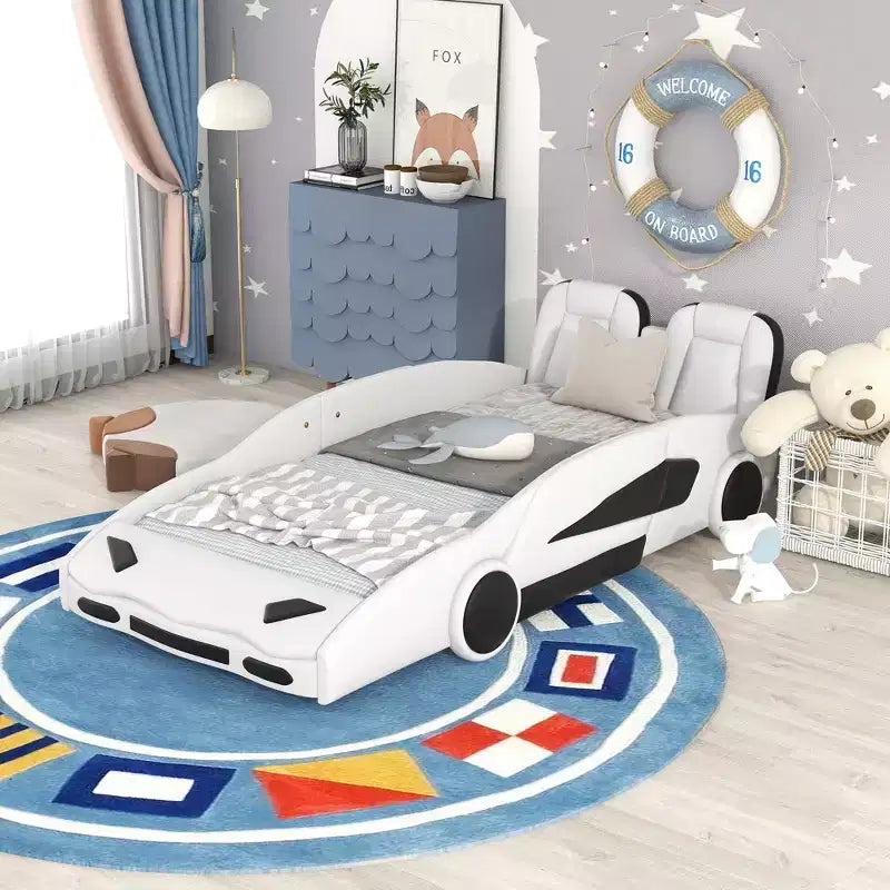 Letto a piattaforma a forma di auto da corsa Whisen Wood, formato singolo, con LED e schienale imbottito