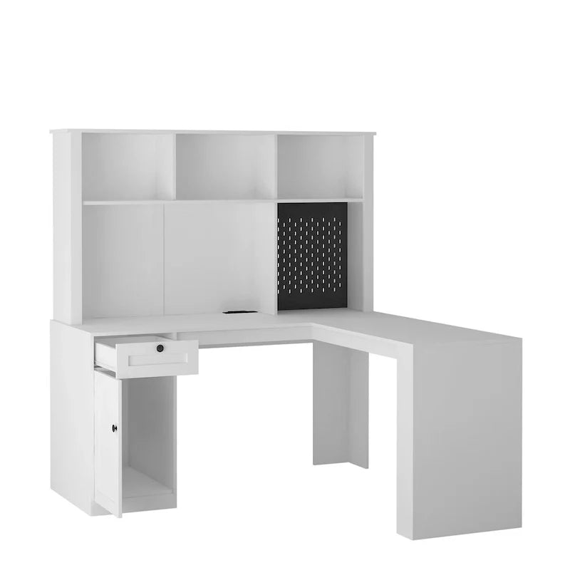 Scrivania a L con presa di corrente, scrivania per computer con cassetti, libreria e mobiletto, scrivania angolare moderna, scrivania per ufficio domestico
