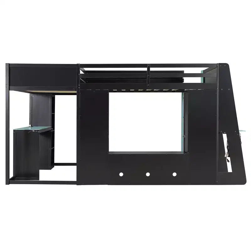 Letto a soppalco a L da gaming con scrivanie, letti a soppalco doppi con luci LED, porte USB, scaffali portaoggetti, letto a soppalco ad angolo in legno per 2