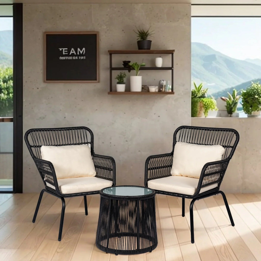 Set da Bistrò per Conversazione da Esterno a 3 Pezzi in Vimini, Set di Sedie da Patio in Rattan per Tutte le Stagioni con Cuscini