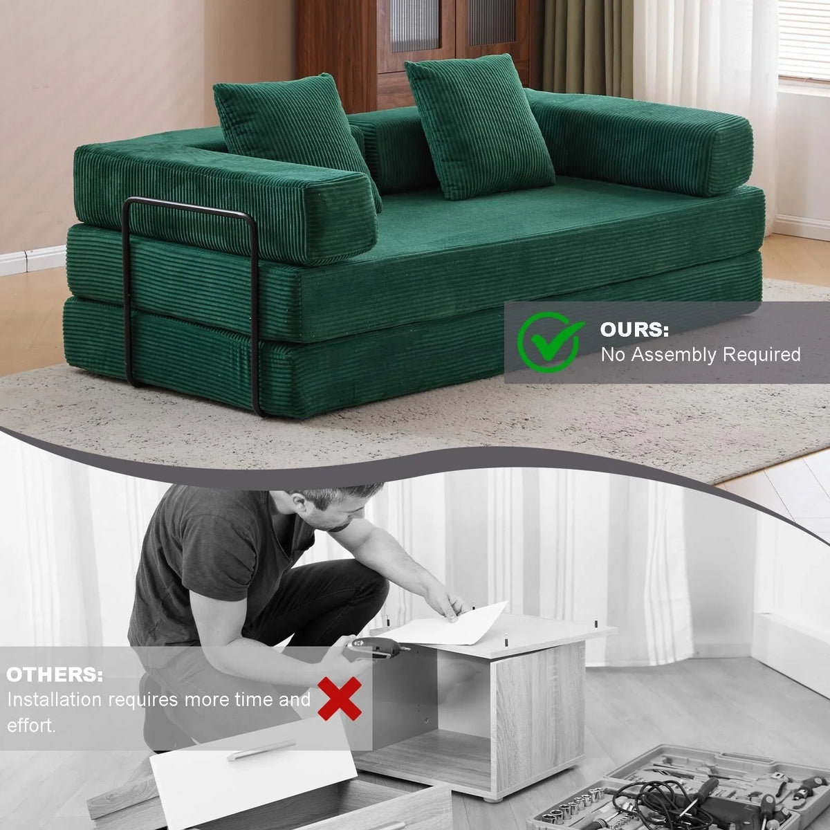 Divano letto convertibile da pavimento con schienale a cuscino in tessuto ciniglia per soggiorno camera da letto