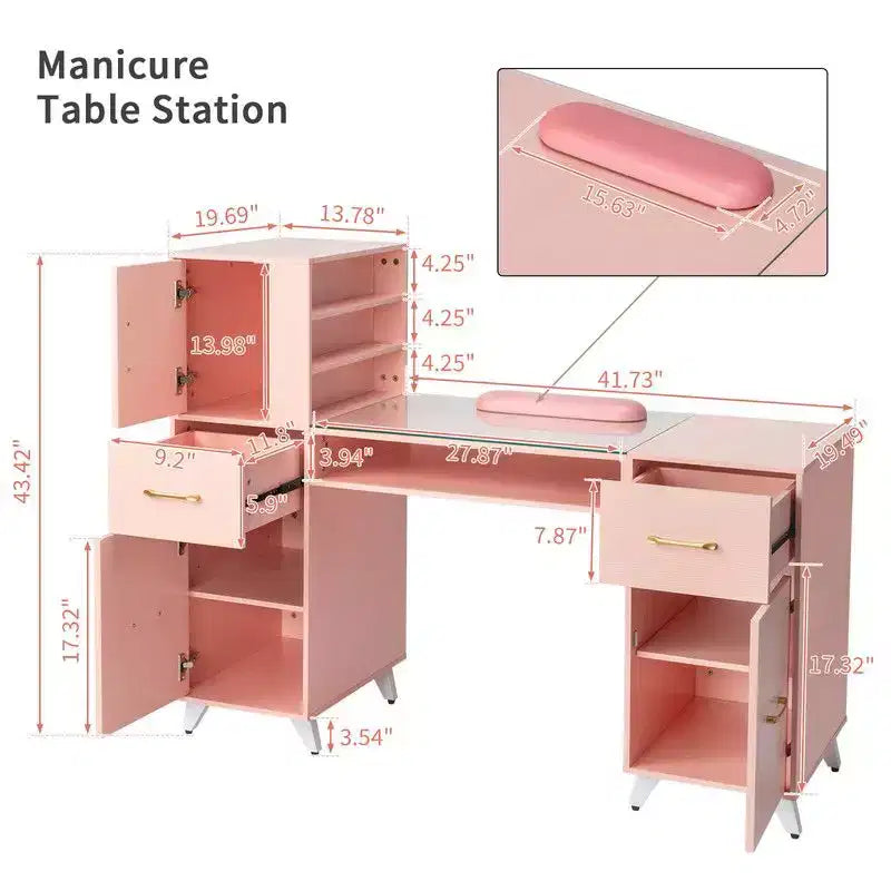 Tavolo per manicure moderno nero/rosa con piano in vetro e poggiapolsi, postazione singola