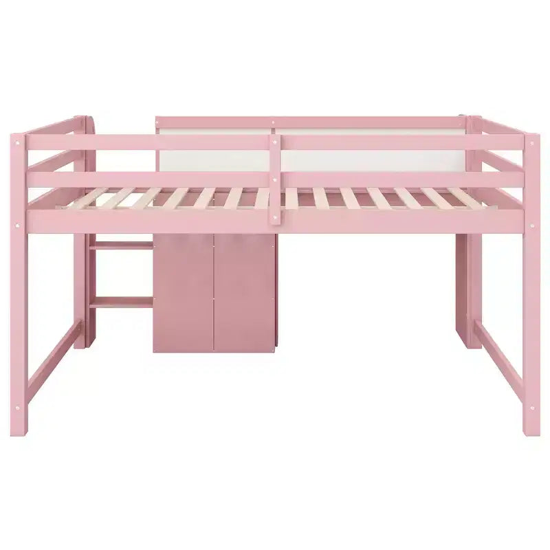 Letto a soppalco basso rosa/bianco con scrivania, contenitore e lavagna bianca – Singolo, 1 persona