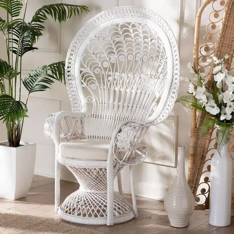 Sedia Kallima Pavone in Rattan Naturale Bianco Bohemien Moderno