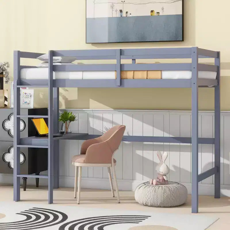 Letto a soppalco Okak Minimalism con scaletta, letto a soppalco singolo in legno di gomma con spondina di sicurezza e scrivania integrata, telai per letti per bambini, ragazzi