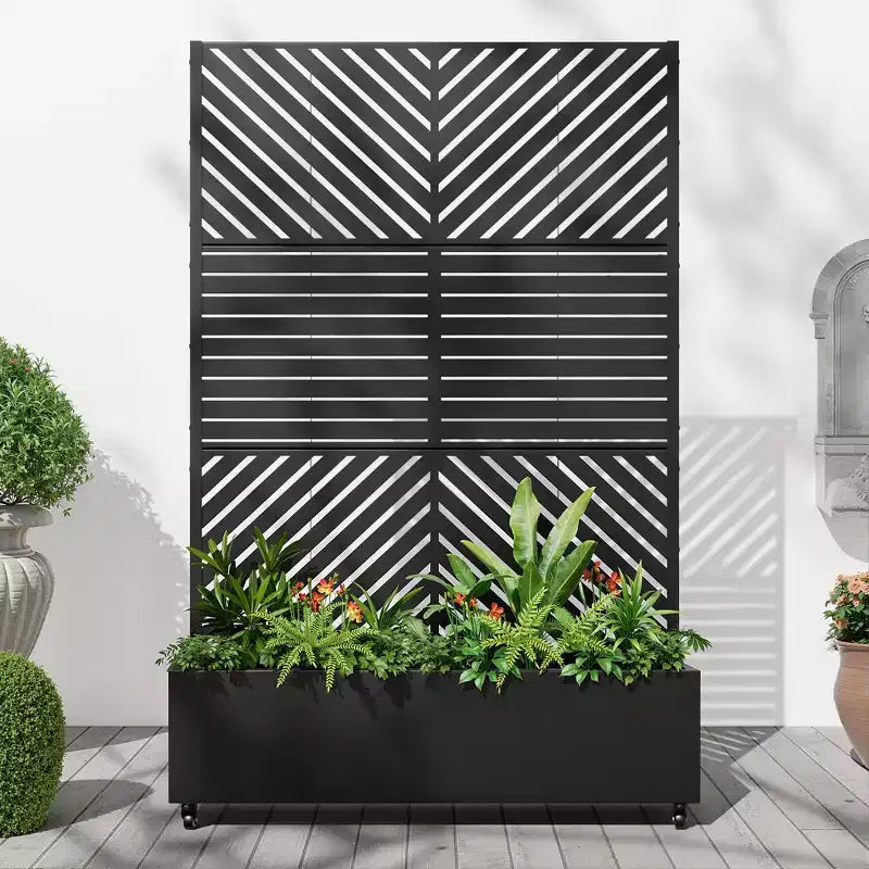 MAYEERTY Fioriera con traliccio in ferro nero Linea parallela 01 Stile combinato classico a persiana 183x119x41 cm Set da 3 pezzi