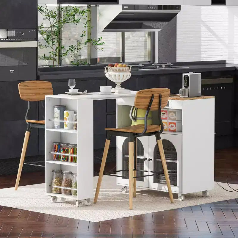 Isola da Cucina con Ruote e 2 Ante in Vetro, Carrello da Cucina con Tavolo Estensibile e Prese di Corrente, Isola da Cucina con Ripiani Laterali Aperti